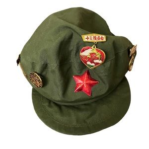 RED STAR China Army Cap Retro Military Hat Mao Medals Pins Vintage